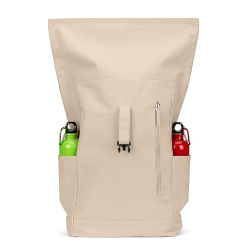 Sac à dos beige avec deux gourdes colorées