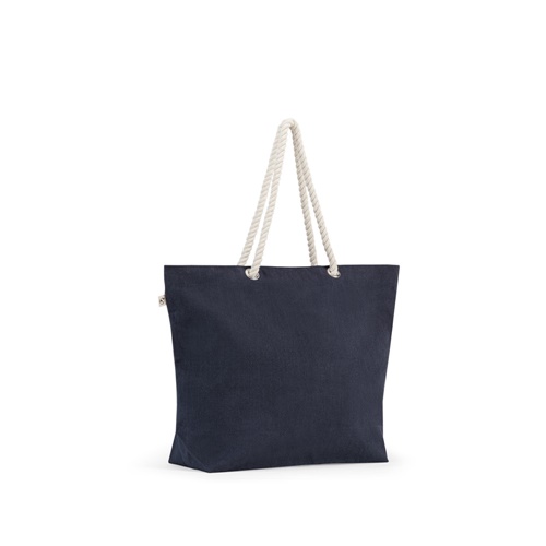 Sac cabas en tissu bleu avec anses corde.