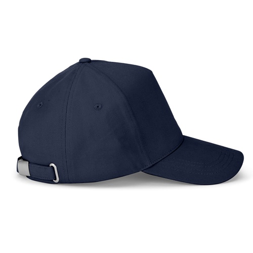 Casquette bleue à visière réglable en tissu.
